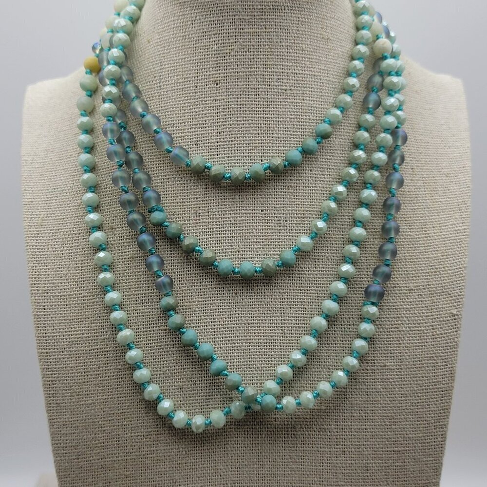 Artisan Hand Knotted Blue Agate Beaded Necklace 58 Inch Continuous No Clasp